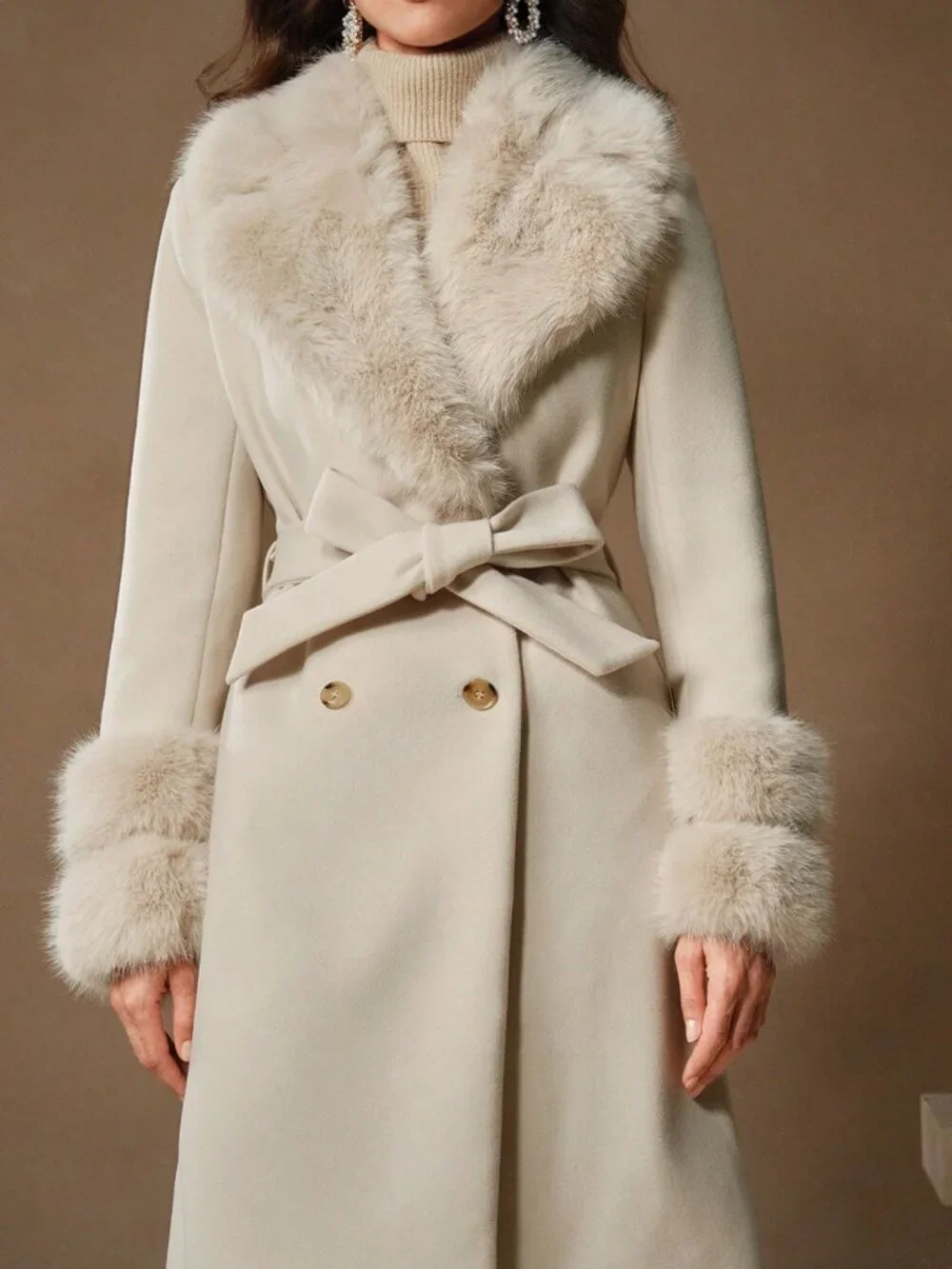 Beige Elegant Women's Fluffy Collar Thick Warm Long Belted Knitted Coat